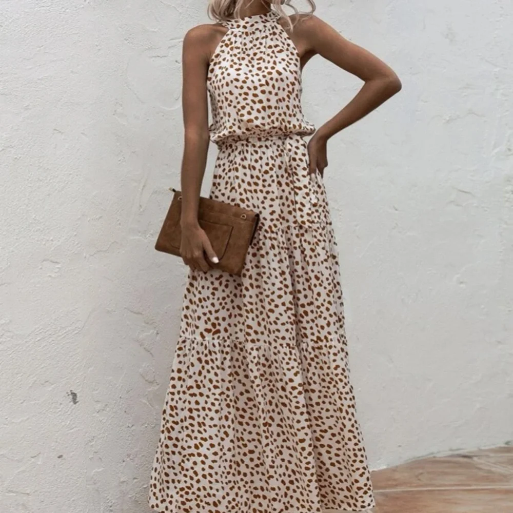 Boho cream brown  halter dot belted maxi dress